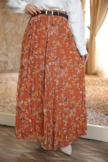 Kiremit Bel Lastikli Desenli Şifon Etek