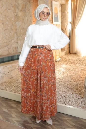 Kiremit Bel Lastikli Desenli Şifon Etek