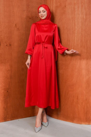 Kırmızı Hakim Yaka Balon Kol Saten Abiye Elbise