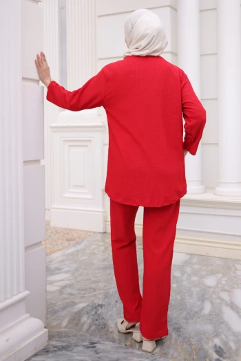 Kırmızı Ön Bağlamalı Bürümcük Kimono Pantolonlu Takım