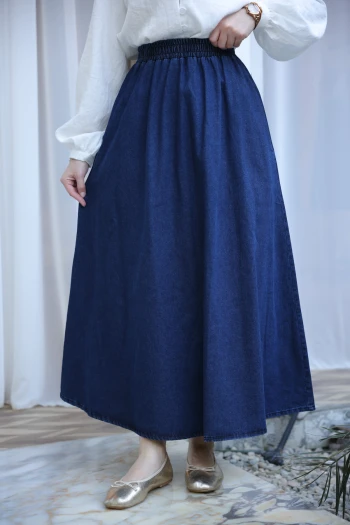 Koyu Mavi Bel Lastikli Cepli Kot Etek