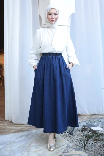 Koyu Mavi Bel Lastikli Cepli Kot Etek