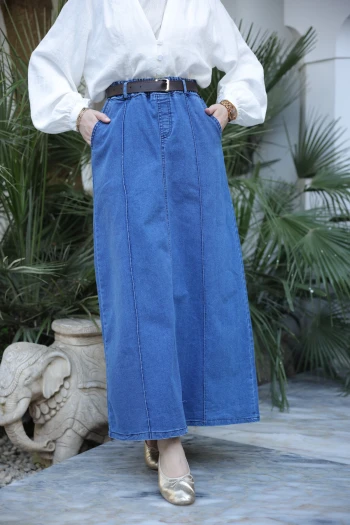 Koyu Mavi Kemerli Yırtmaçlı Kot Etek