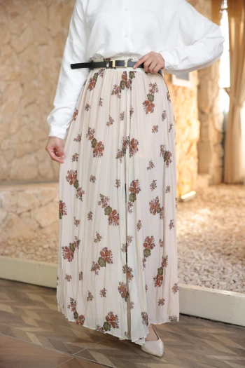 Krem Bel Lastikli Desenli Şifon Etek