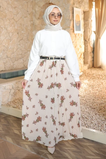 Krem Bel Lastikli Desenli Şifon Etek