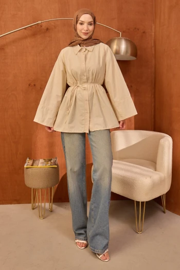 Krem Düğmeli Geniş Kol Bel Bağlamalı Tunik