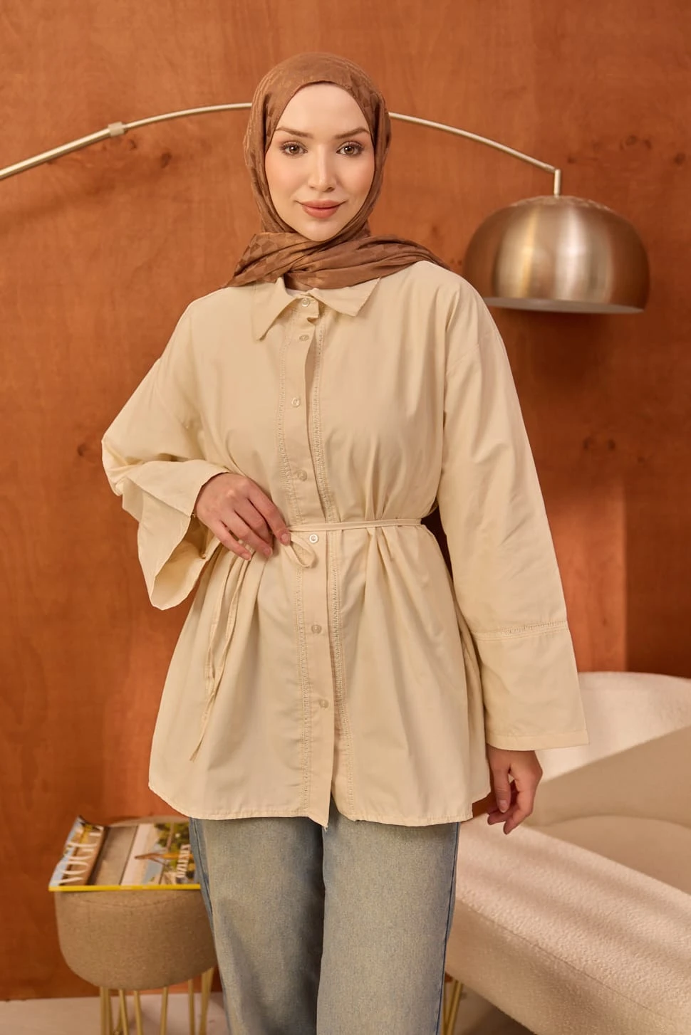 Krem Düğmeli Geniş Kol Bel Bağlamalı Tunik