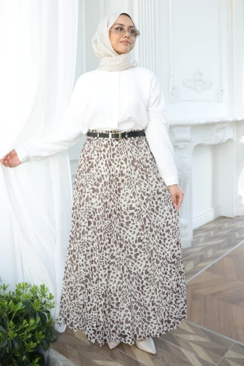 Krem / Kahverengi Bel Lastikli Desenli Şifon Etek