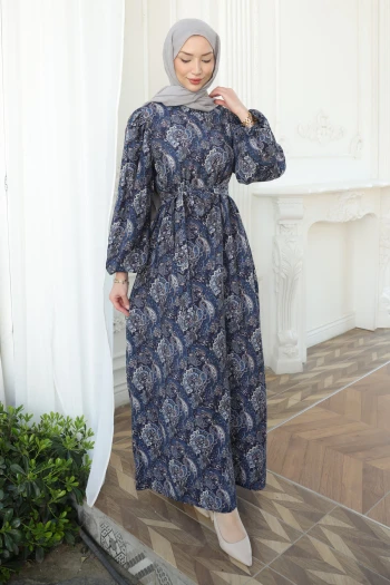 Lacivert Balon Kol Desenli Viscon Elbise