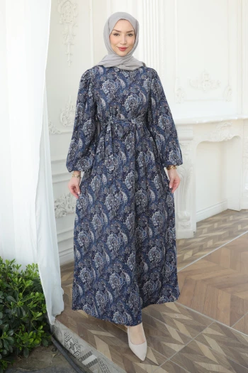 Lacivert Balon Kol Desenli Viscon Elbise