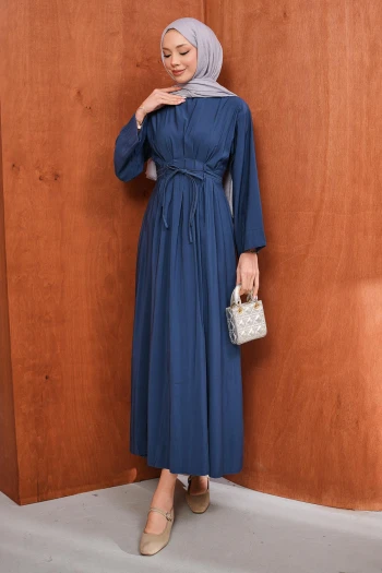Lacivert Bel Bağlamalı Piliseli Elbise