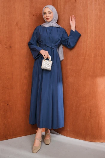 Lacivert Bel Bağlamalı Piliseli Elbise