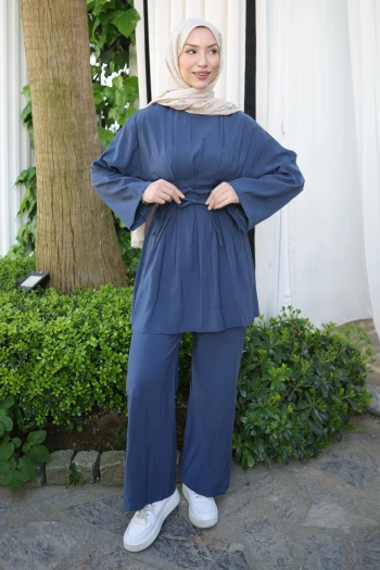 Lacivert Bel Bağlamalı Tunik Pantolonlu Modal Takım