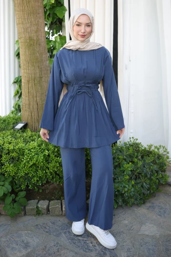 Lacivert Bel Bağlamalı Tunik Pantolonlu Modal Takım