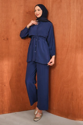 Lacivert Bel Bağlamalı Tunik Pantolonlu Takım