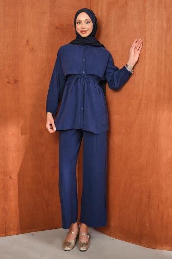 Lacivert Bel Bağlamalı Tunik Pantolonlu Takım