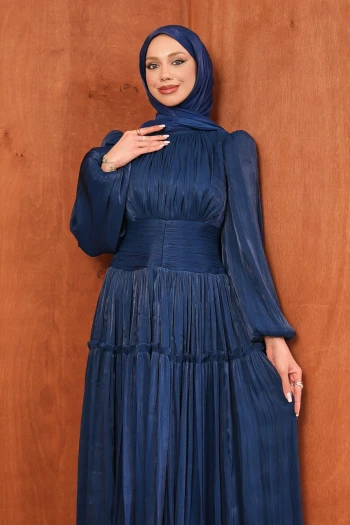 Lacivert Bel Büzgülü Katlı Abiye
