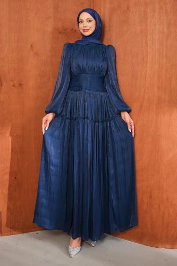 Lacivert Bel Büzgülü Katlı Abiye