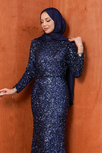 Lacivert Bel Kuşaklı Payetli Abiye