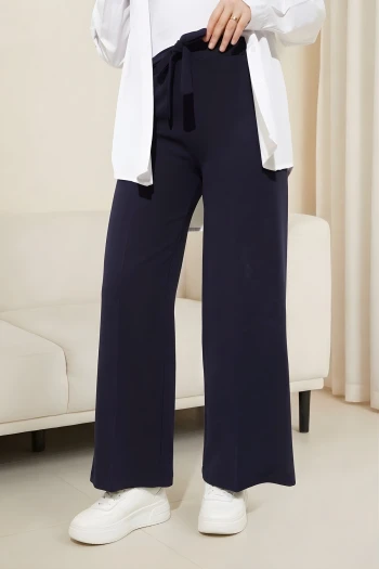 Lacivert Bel Lastikli Cepli Bol Paça Pantolon