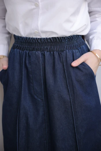 Lacivert Bel Lastikli Çimalı Kot Etek