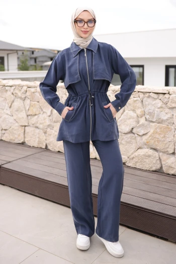 Lacivert Bel Lastikli Fermuarlı Ceket Pantolonlu Takım