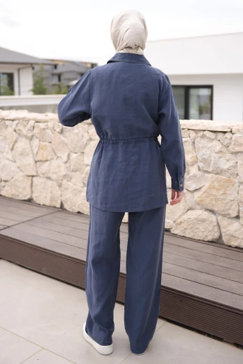 Lacivert Bel Lastikli Fermuarlı Ceket Pantolonlu Takım