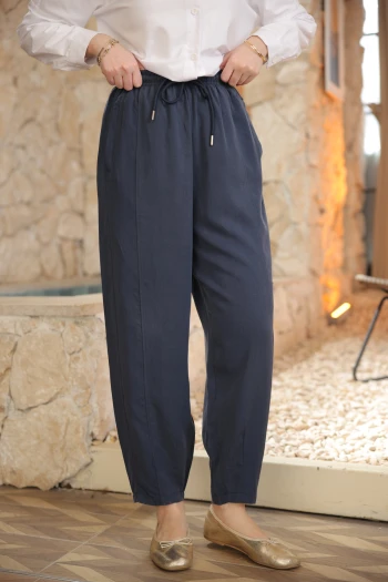 Lacivert Bel Lastikli Şalvar Kesim Pantolon