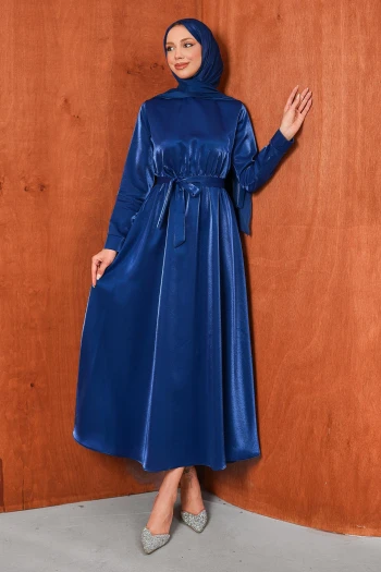 Lacivert Bel Lastikli Saten Kuşaklı Abiye