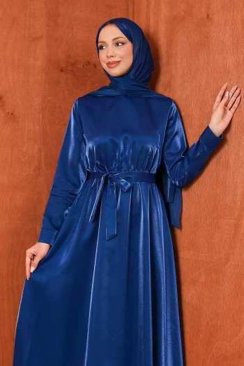 Lacivert Bel Lastikli Saten Kuşaklı Abiye