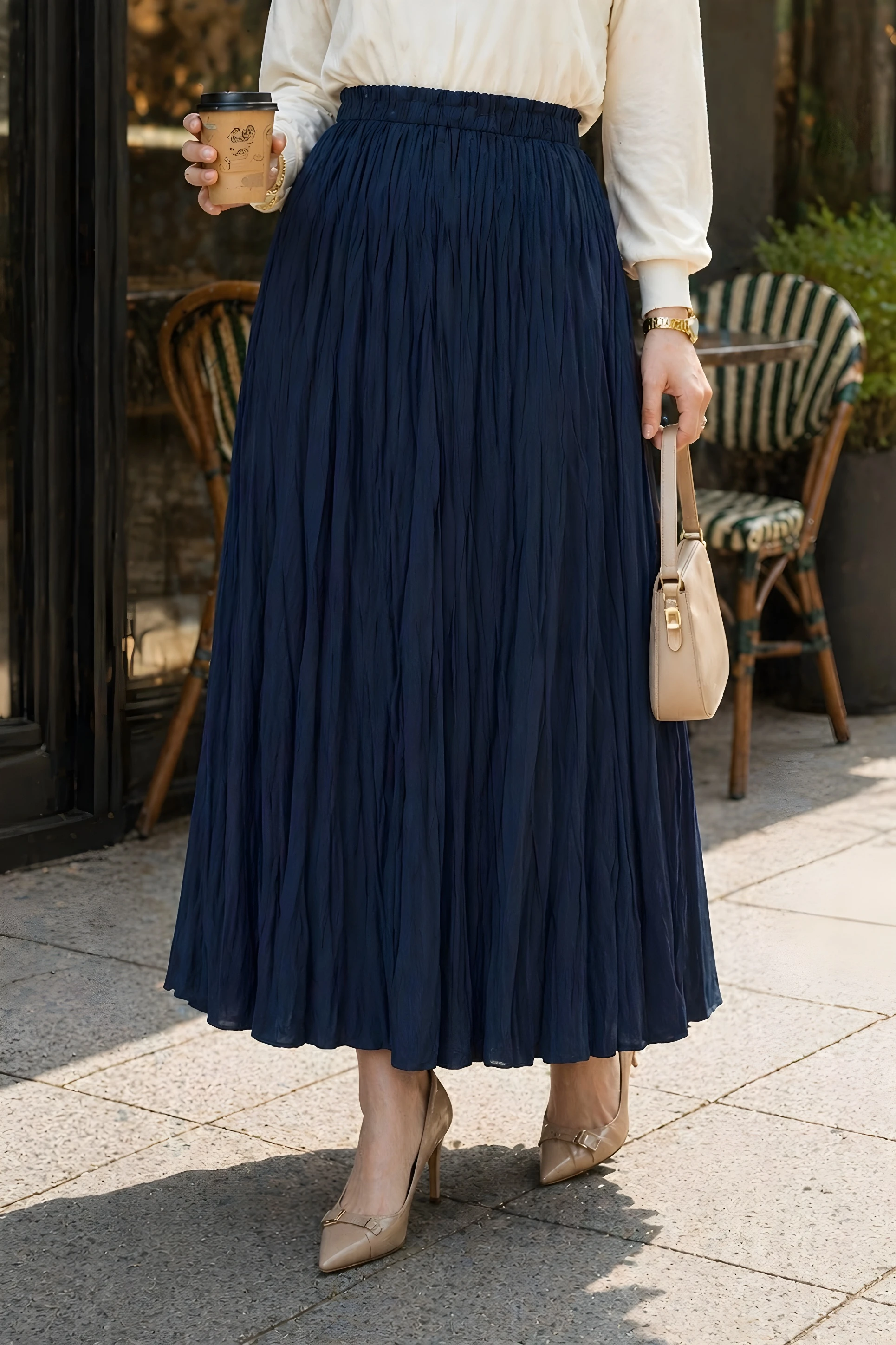 Lacivert Beli Lastikli Kraş Etek