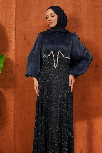 Lacivert Boncuk İşlemeli Balık Model Abiye