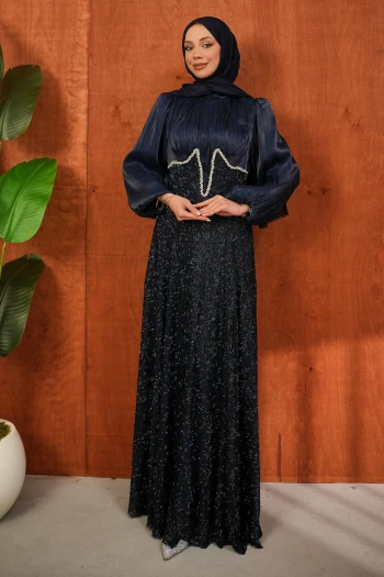 Lacivert Boncuk İşlemeli Balık Model Abiye