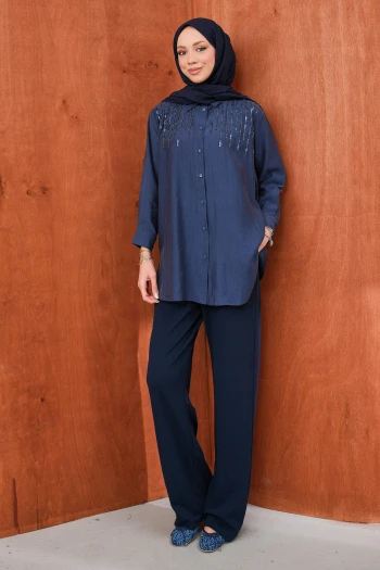 Lacivert Boncuk İşlemeli Gömlek