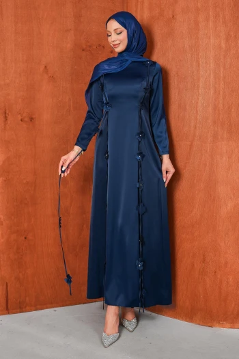 Lacivert Çiçek Detaylı Saten Abiye