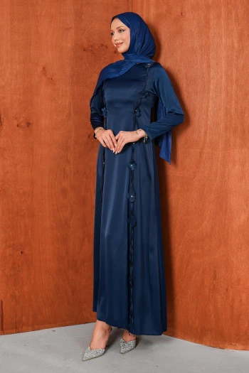 Lacivert Çiçek Detaylı Saten Abiye