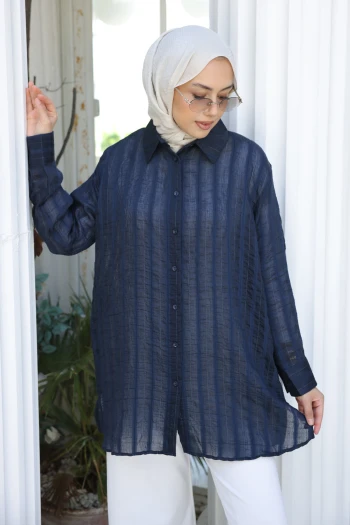 Lacivert Çizgili Salaş Gömlek