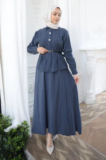 Lacivert Desenli Modal Gömlek Etekli Takım