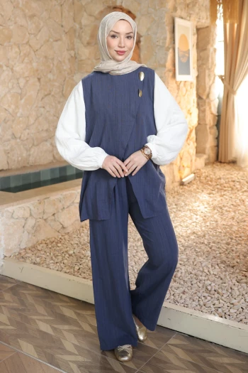 Lacivert Düğme Detaylı Keten Pantolonlu Takım