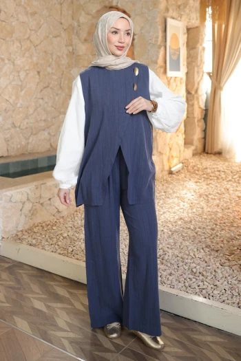 Lacivert Düğme Detaylı Keten Pantolonlu Takım