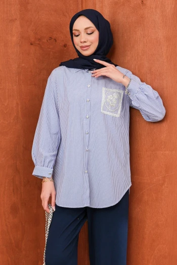 Lacivert Düğmeli Çizgili Taş Detaylı Gömlek