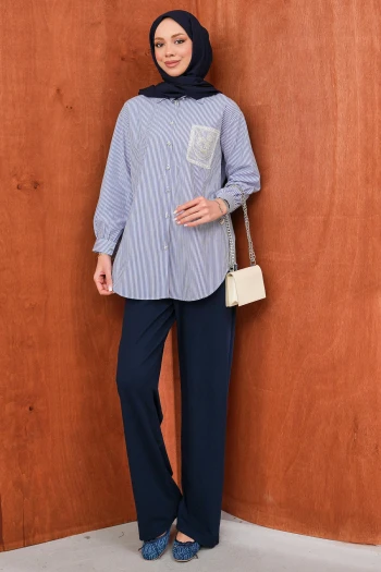 Lacivert Düğmeli Çizgili Taş Detaylı Gömlek