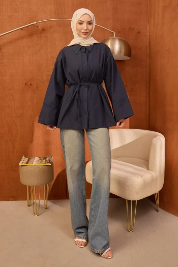 Lacivert Düğmeli Geniş Kol Bel Bağlamalı Tunik