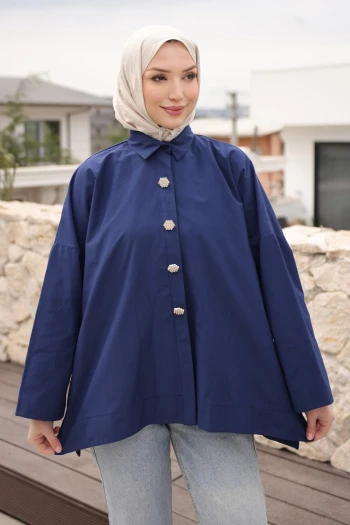 Lacivert Düğmeli Geniş Kol Tunik