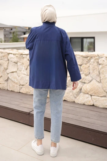 Lacivert Düğmeli Geniş Kol Tunik