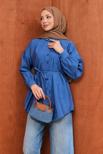 Lacivert Düğmeli İp Bağlamalı Modal Gömlek