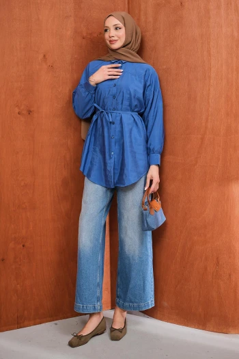 Lacivert Düğmeli İp Bağlamalı Modal Gömlek