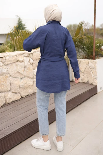 Lacivert Düğmeli Kuşaklı Tunik