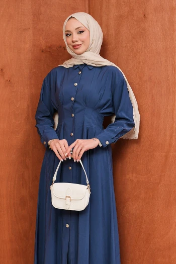 Lacivert Düğmeli Pileli Elbise