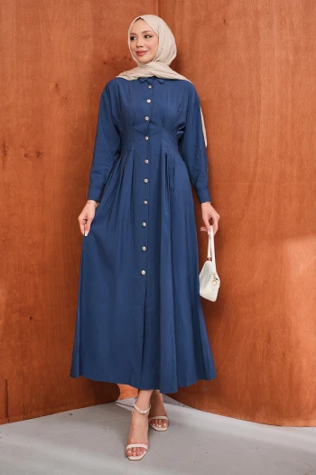 Lacivert Düğmeli Pileli Elbise